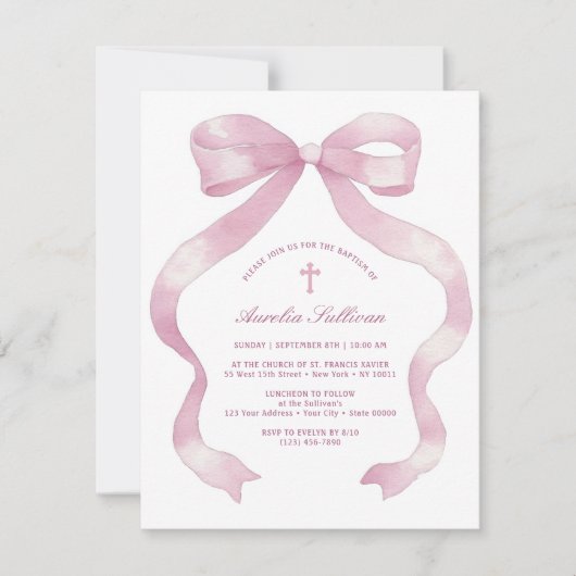 Elegante rosa Bow-Taufe Einladung (Vorderseite)