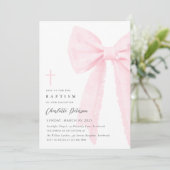 Elegante rosa Bow Taufe Einladung (Stehend Vorderseite)