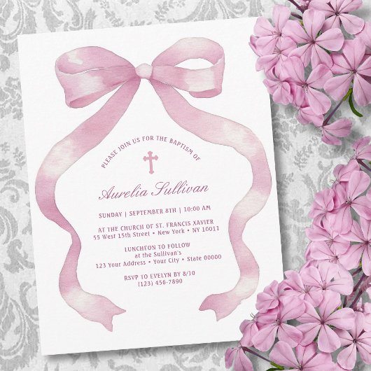 Elegante rosa Bow-Taufe Einladung