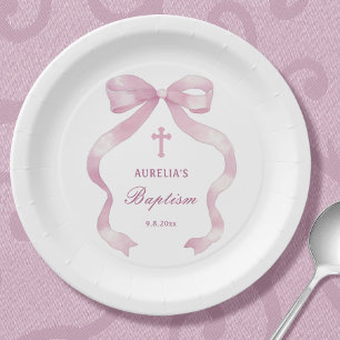 Elegante rosa Bow-Taufe Pappteller