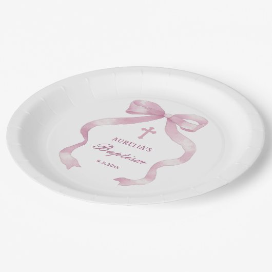 Elegante rosa Bow-Taufe Pappteller (Schrägansicht)