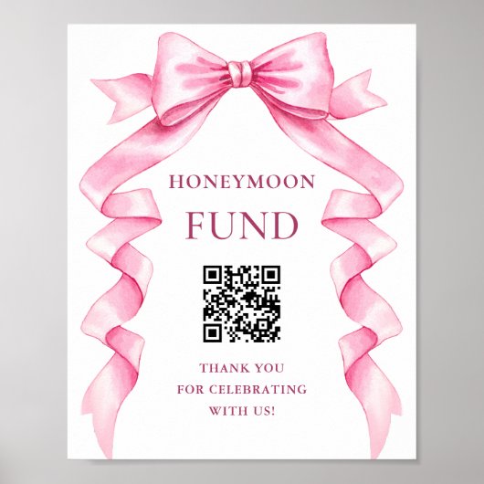 Elegante Rosa Bow Wedding Honeymoon Fund Sign Poster (Vorne)