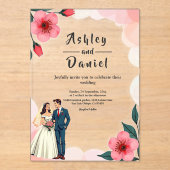 Elegante rosa Braut und Groom Blumenhochzeit Acryleinladungen (Vorderseite)