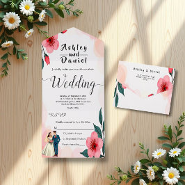 Elegante rosa Braut und Groom Blumenhochzeit All In One Einladung