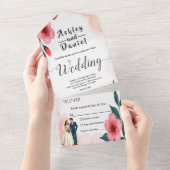 Elegante rosa Braut und Groom Blumenhochzeit All In One Einladung (Abreißen)