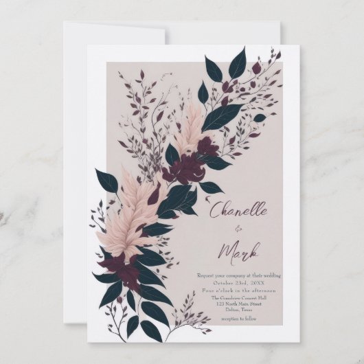 Elegante rosa Burgund-Blätter Hochzeit Einladung (Vorderseite)