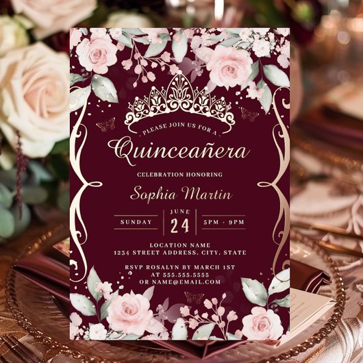 Elegante Rosa Burgund Rose Gold Quinceanera Folieneinladung