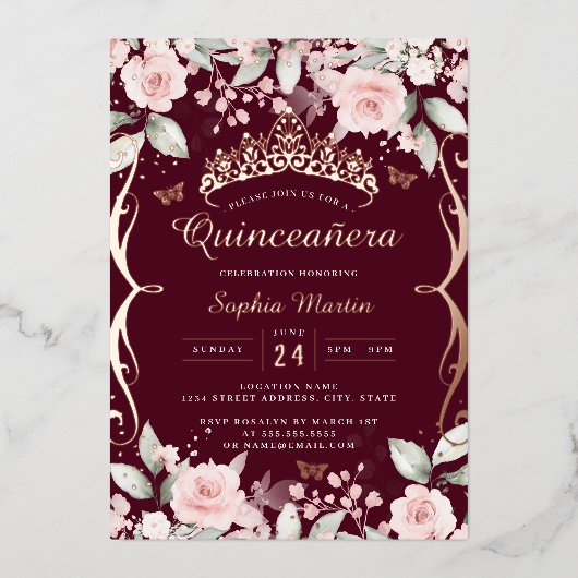 Elegante Rosa Burgund Rose Gold Quinceanera Folieneinladung (Vorderseite)