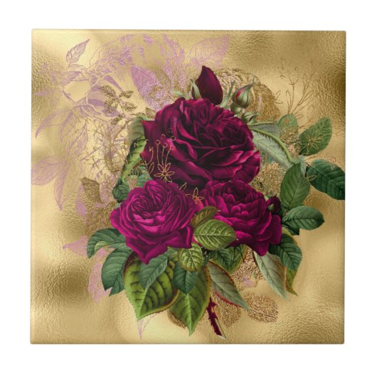 Elegante Rosa Burgundy Gold Rose Fliese (Vorderseite)