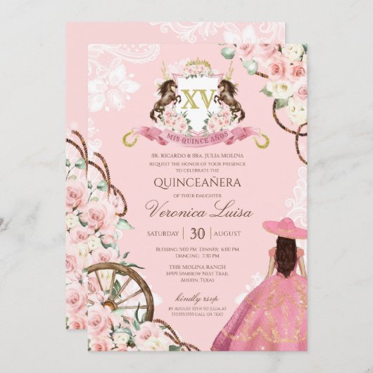 Elegante Rosa Charro Quinceanera Einladung (Vorne/Hinten)