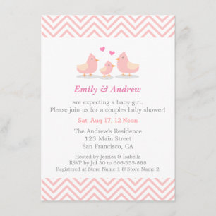 Elegante rosa Chevron süße Vogel-Baby-Party Einladung