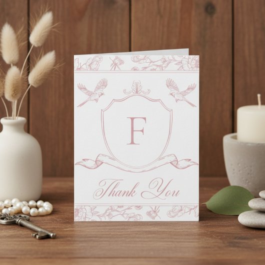 Elegante Rosa Chinoiserie Bird & Wappen Wedding Dankeskarte