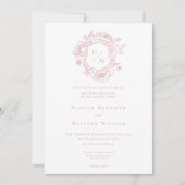 Elegante Rosa Chinoiserie Bird & Wappen Wedding Einladung (Vorderseite)