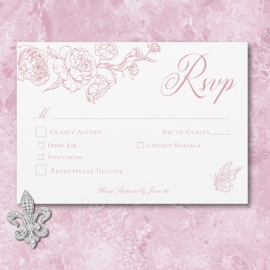Elegante Rosa Chinoiserie Bird & Wappen Wedding RSVP Karte
