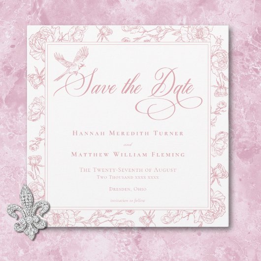Elegante Rosa Chinoiserie Bird & Wappen Wedding Save The Date