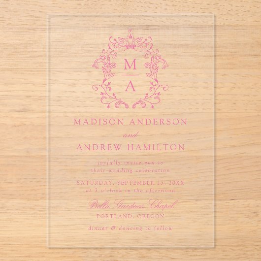 Elegante Rosa Chinoiserie Viktorianische Blumenhoc Acryleinladungen (Vorderseite)