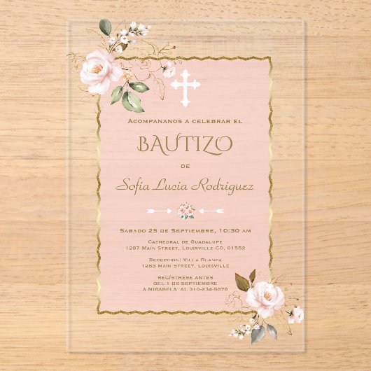 Elegante Rosa Con Flores Gold Bautizo Acryleinladungen (Vorderseite)