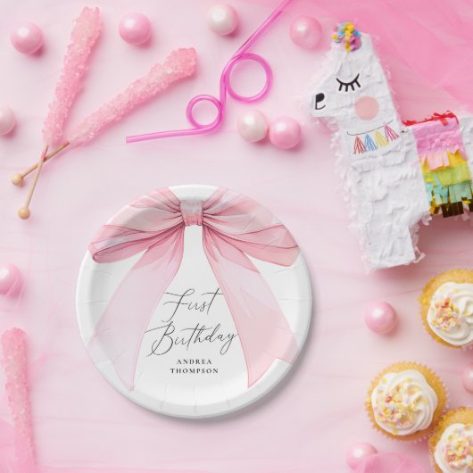Elegante Rosa Coquette Bow First Birthday Girl Pappteller (Party)