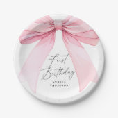 Elegante Rosa Coquette Bow First Birthday Girl Pappteller (Vorderseite)