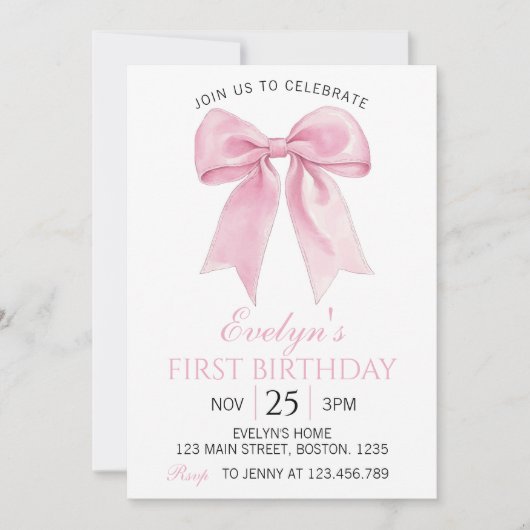 Elegante Rosa Coquette Bow Girl Einladung (Vorderseite)