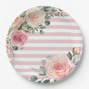 Elegante rosa Creme Floral Dream Stripe Papierplat Pappteller