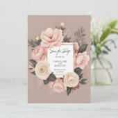 Elegante, rosa Creme Gray Floral Wedding Save The Date (Stehend Vorderseite)