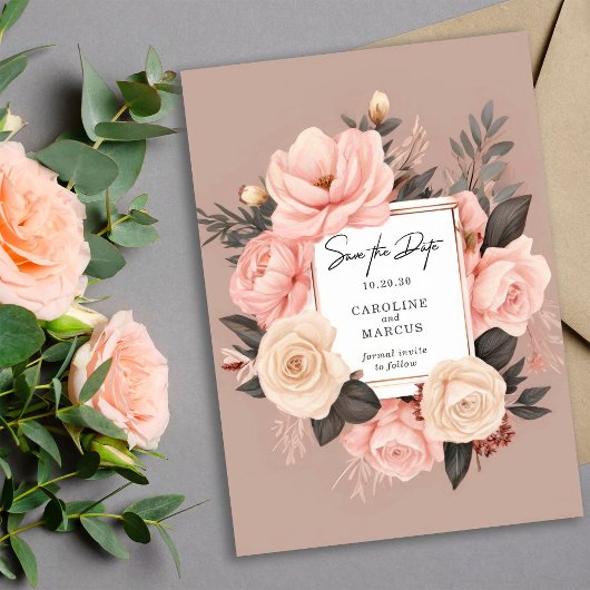 Elegante, rosa Creme Gray Floral Wedding Save The Date