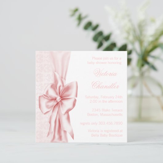 Elegante rosa Damask Baby Girl Dusche Einladung (Stehend Vorderseite)