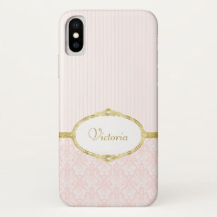 Elegante rosa Damast Vintage Gold Rahmen und Name iPhone X Hülle