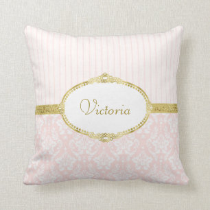 Elegante rosa Damast Vintage Gold Rahmen und Name Kissen