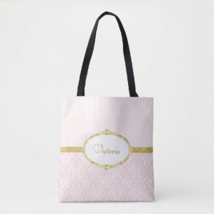 Elegante rosa Damast Vintage Gold Rahmen und Name Tasche
