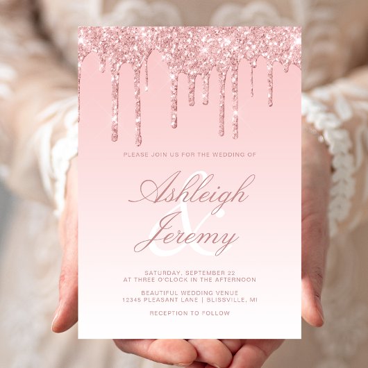 Elegante Rosa Dripping Glitzer Script Wedding Einladung