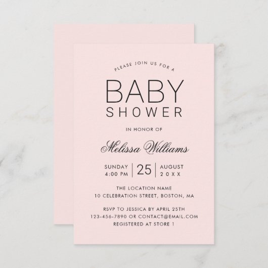 Elegante rosa Einfache moderne Girl Baby Dusche Einladung (Vorne/Hinten)