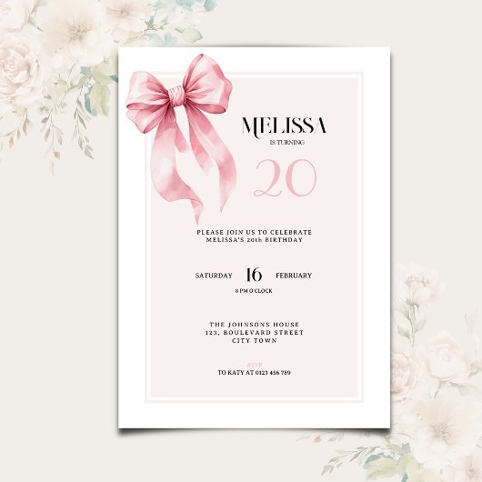 Elegante rosa Einladung zum 20. Geburtstag