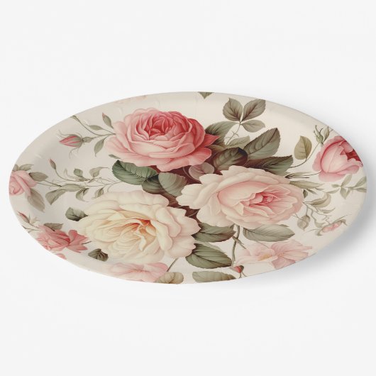 Elegante, rosa englische Rose Pappteller (Schrägansicht)