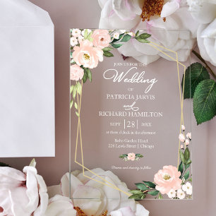 Elegante rosa errötende Blumenhochzeit Acryleinladungen