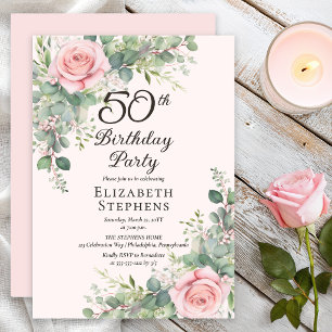 Elegante Rosa-Eukalyptus zum 50. Geburtstag Party Einladung