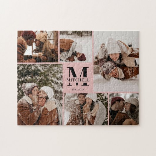 Elegante Rosa-Familie 6 FotoCollage Keepake Puzzle (Horizontal)
