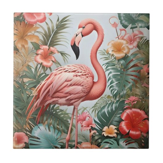 Elegante rosa Flamingo Bird und tropische Blume Fliese (Vorderseite)