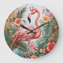 Elegante rosa Flamingo Bird und tropische Blume Große Wanduhr