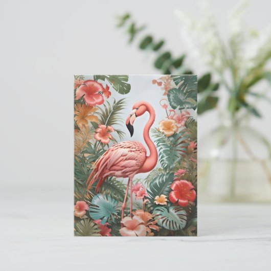 Elegante rosa Flamingo Bird und tropische Blume Postkarte (Stehend Vorderseite)