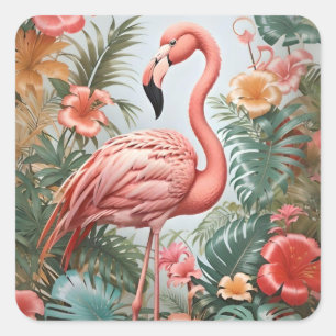 Elegante rosa Flamingo Bird und tropische Blume Quadratischer Aufkleber