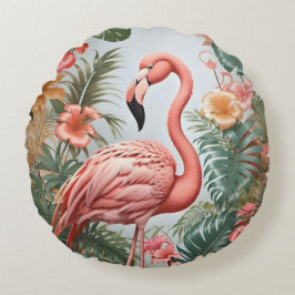 Elegante rosa Flamingo Bird und tropische Blume Rundes Kissen