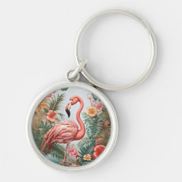 Elegante rosa Flamingo Bird und tropische Blume Schlüsselanhänger