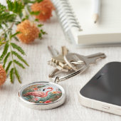 Elegante rosa Flamingo Bird und tropische Blume Schlüsselanhänger (Seite)