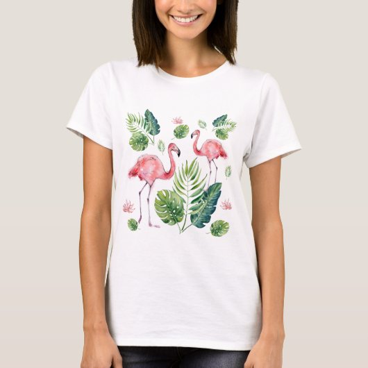 Elegante rosa Flamingo Tropical Blätter T-Shirt (Vorderseite)