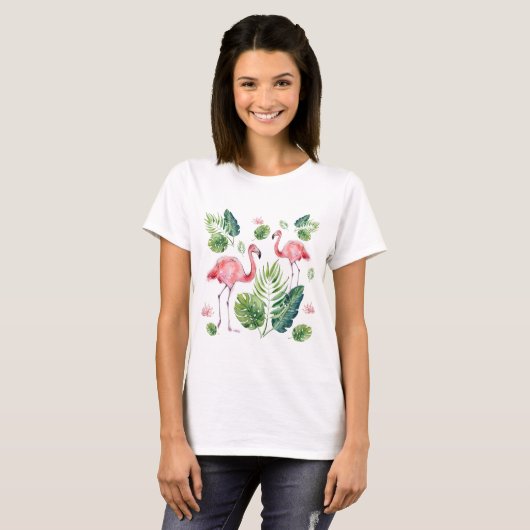 Elegante rosa Flamingo Tropical Blätter T-Shirt (Vorne ganz)
