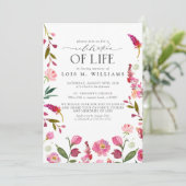 Elegante rosa Flora Moderne Feier des Lebens Einladung (Stehend Vorderseite)