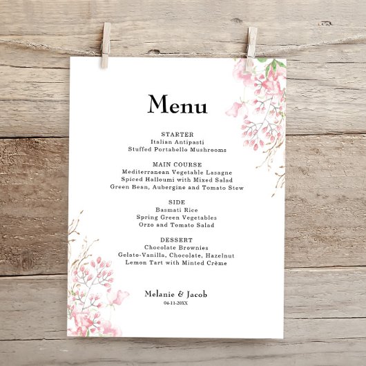 Elegante Rosa Floral Flat Menu Card