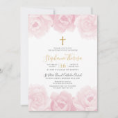 Elegante Rosa Floral Gold Cross Taufe Einladung (Vorderseite)
